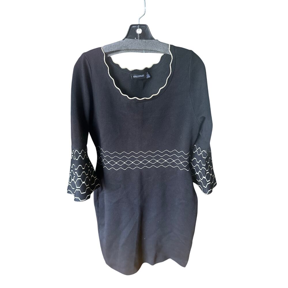 Nina Leonard Black Knit Dress w/ Scalloped Neckline & Bell Sleeves – Size M